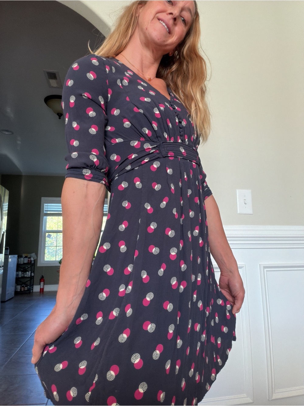 Boden 3/4 sleeve Charcoal Polka Dot Empire Waist Dress Pink polka dots sz 4